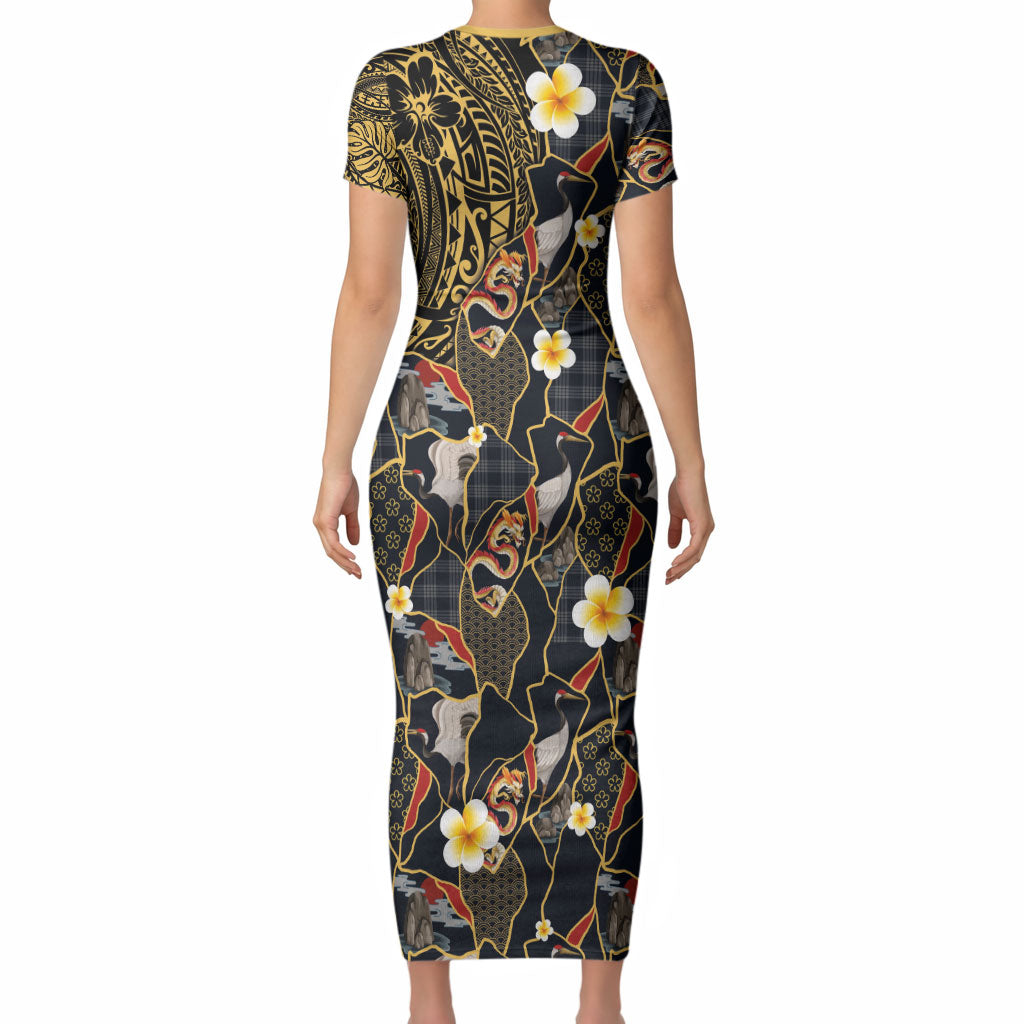 Hawaiian and Japanese Short Sleeve Bodycon Dress Polynesian Tattoo with Japanese Culture Kintsugi Style LT03 - Polynesian Pride