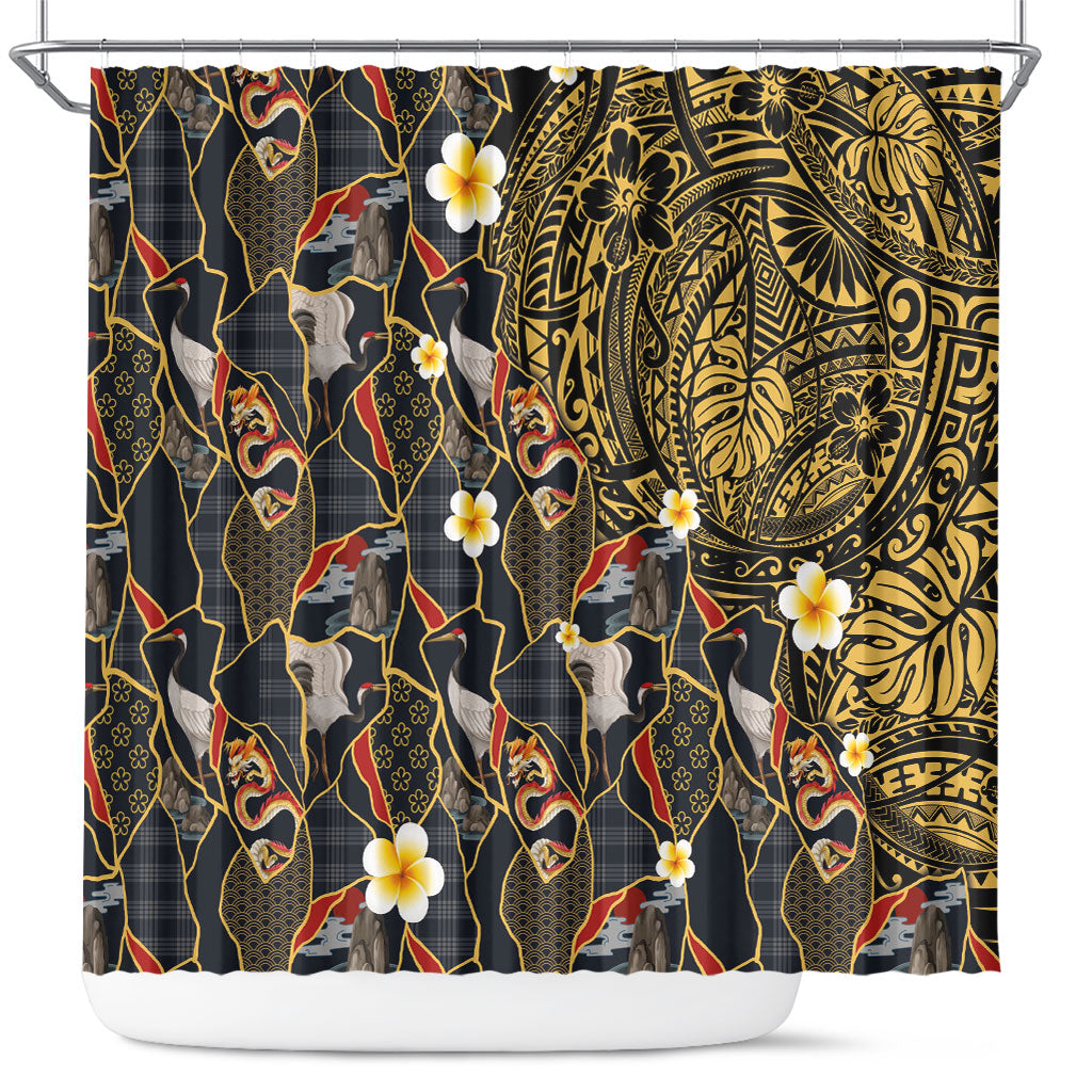 Hawaiian and Japanese Shower Curtain Polynesian Tattoo with Japanese Culture Kintsugi Style LT03 Multicolor - Polynesian Pride