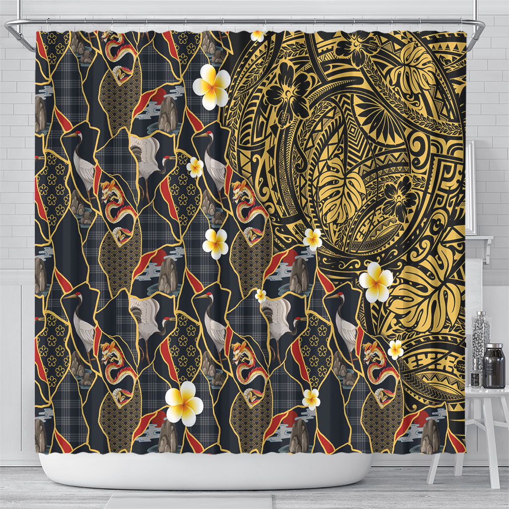 Hawaiian and Japanese Shower Curtain Polynesian Tattoo with Japanese Culture Kintsugi Style LT03 - Polynesian Pride