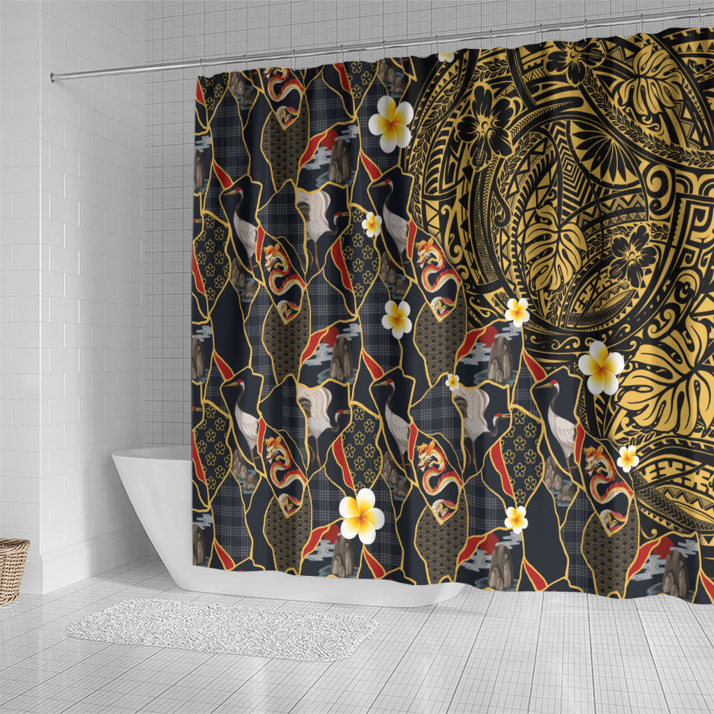 Hawaiian and Japanese Shower Curtain Polynesian Tattoo with Japanese Culture Kintsugi Style LT03 - Polynesian Pride