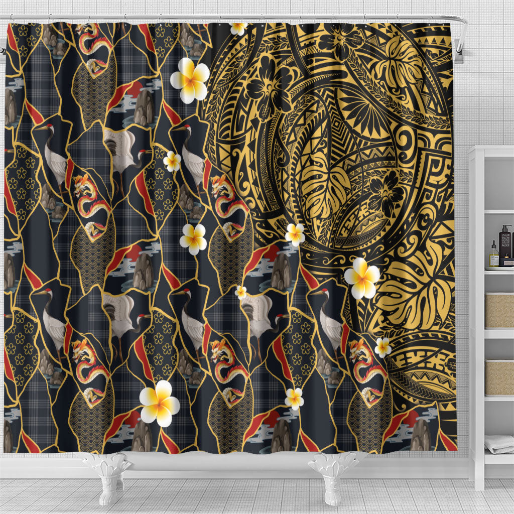 Hawaiian and Japanese Shower Curtain Polynesian Tattoo with Japanese Culture Kintsugi Style LT03 - Polynesian Pride