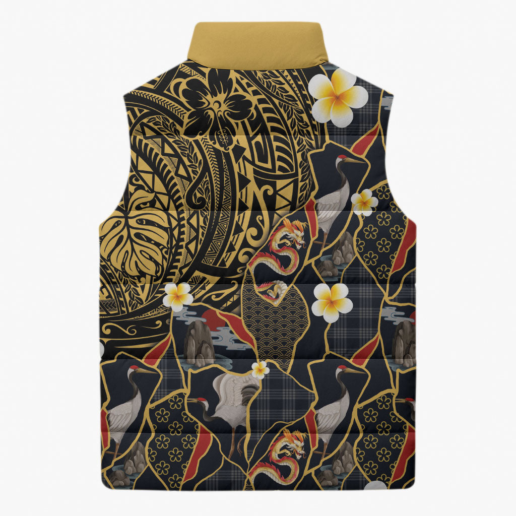 Hawaiian and Japanese Sleeveless Puffer Jacket Polynesian Tattoo with Japanese Culture Kintsugi Style LT03 - Polynesian Pride