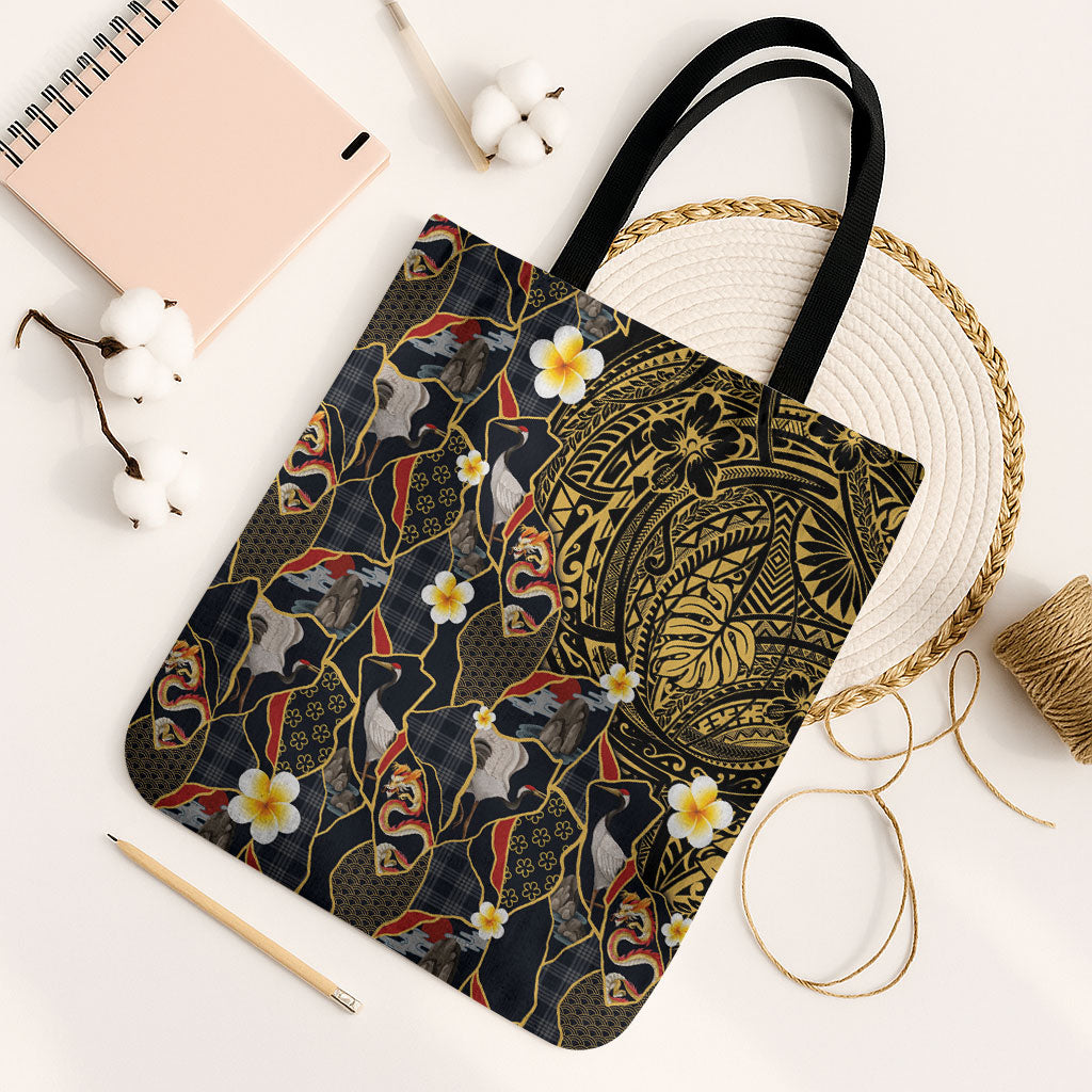 Hawaiian and Japanese Tote Bag Polynesian Tattoo with Japanese Culture Kintsugi Style LT03 Black Strap One Size Multicolor - Polynesian Pride