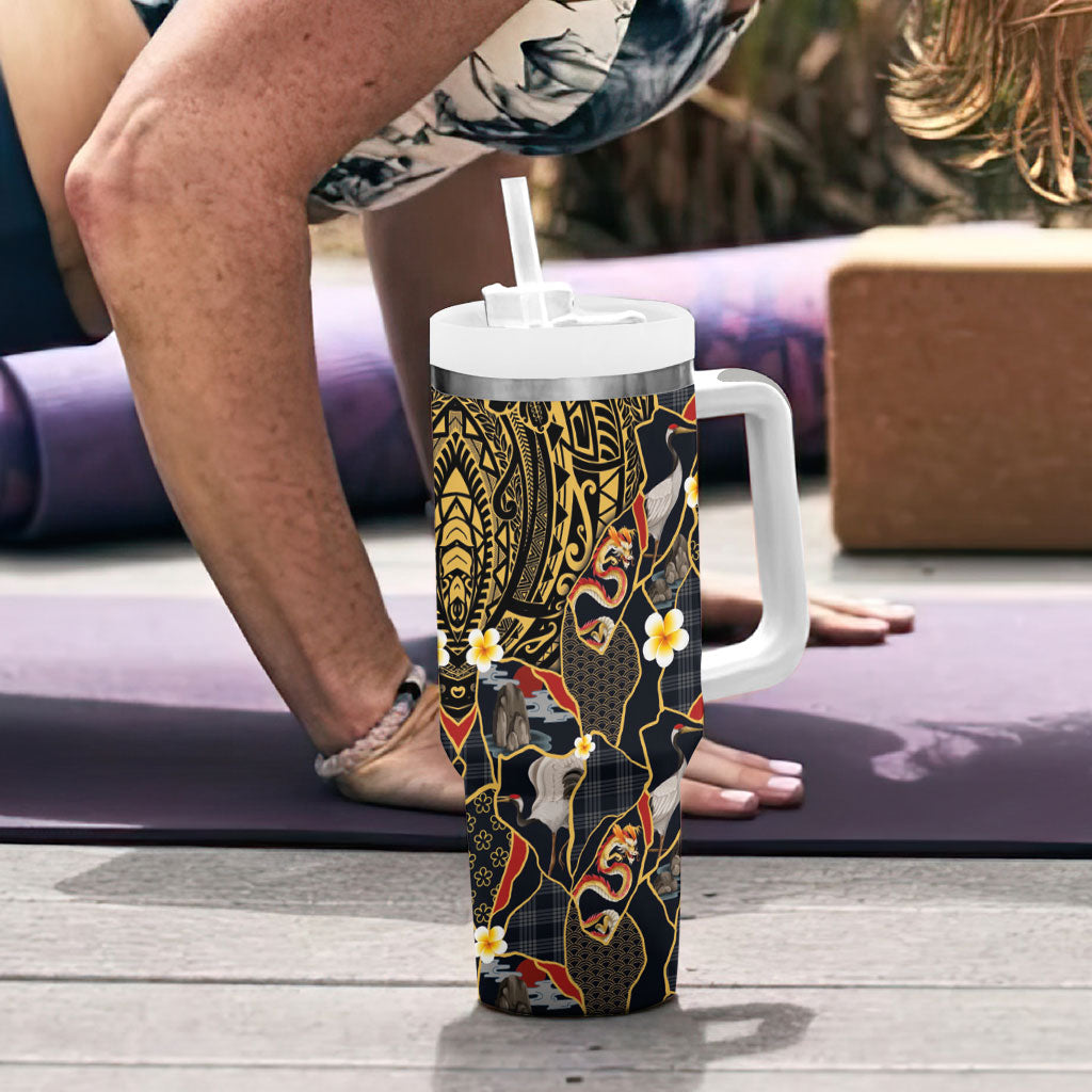 Hawaiian and Japanese Tumbler With Handle Polynesian Tattoo with Japanese Culture Kintsugi Style LT03 - Polynesian Pride
