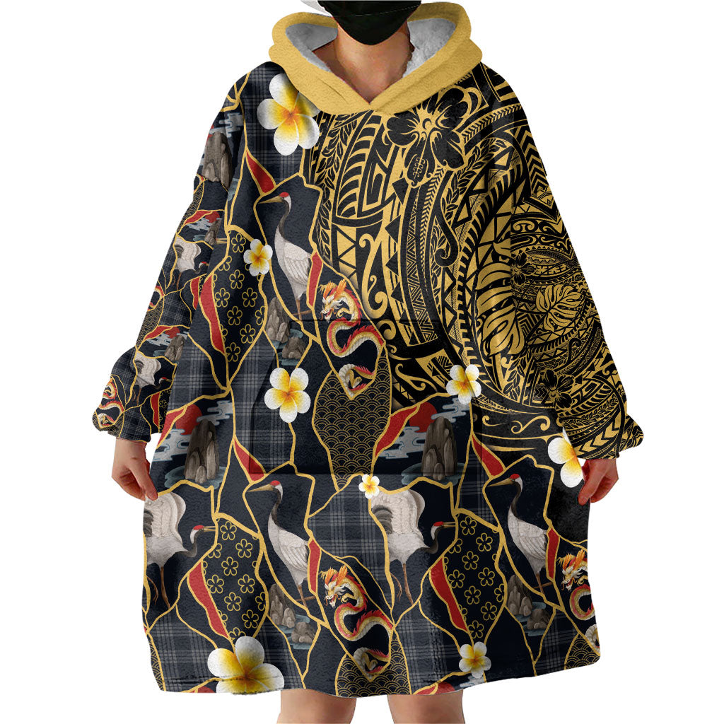 Hawaiian and Japanese Wearable Blanket Hoodie Polynesian Tattoo with Japanese Culture Kintsugi Style LT03 - Polynesian Pride