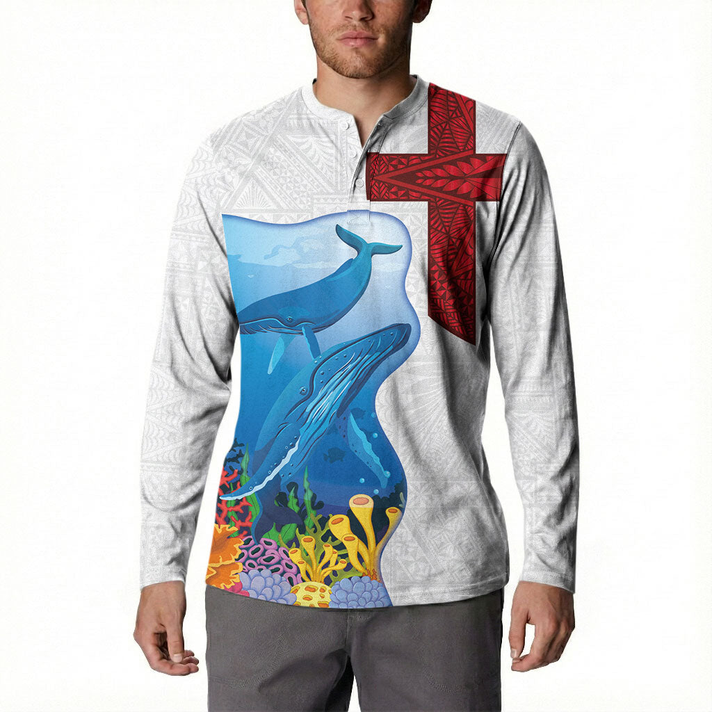 Tonga Swimming with Whales Button Sweatshirt Ngatu Pattern LT03 - Polynesian Pride