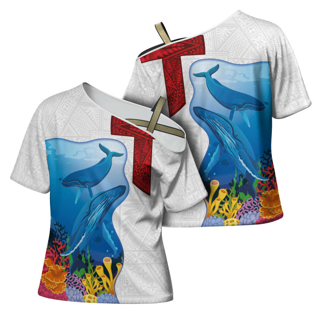 Tonga Swimming with Whales Cross Shoulder Shirt Ngatu Pattern LT03 - Polynesian Pride