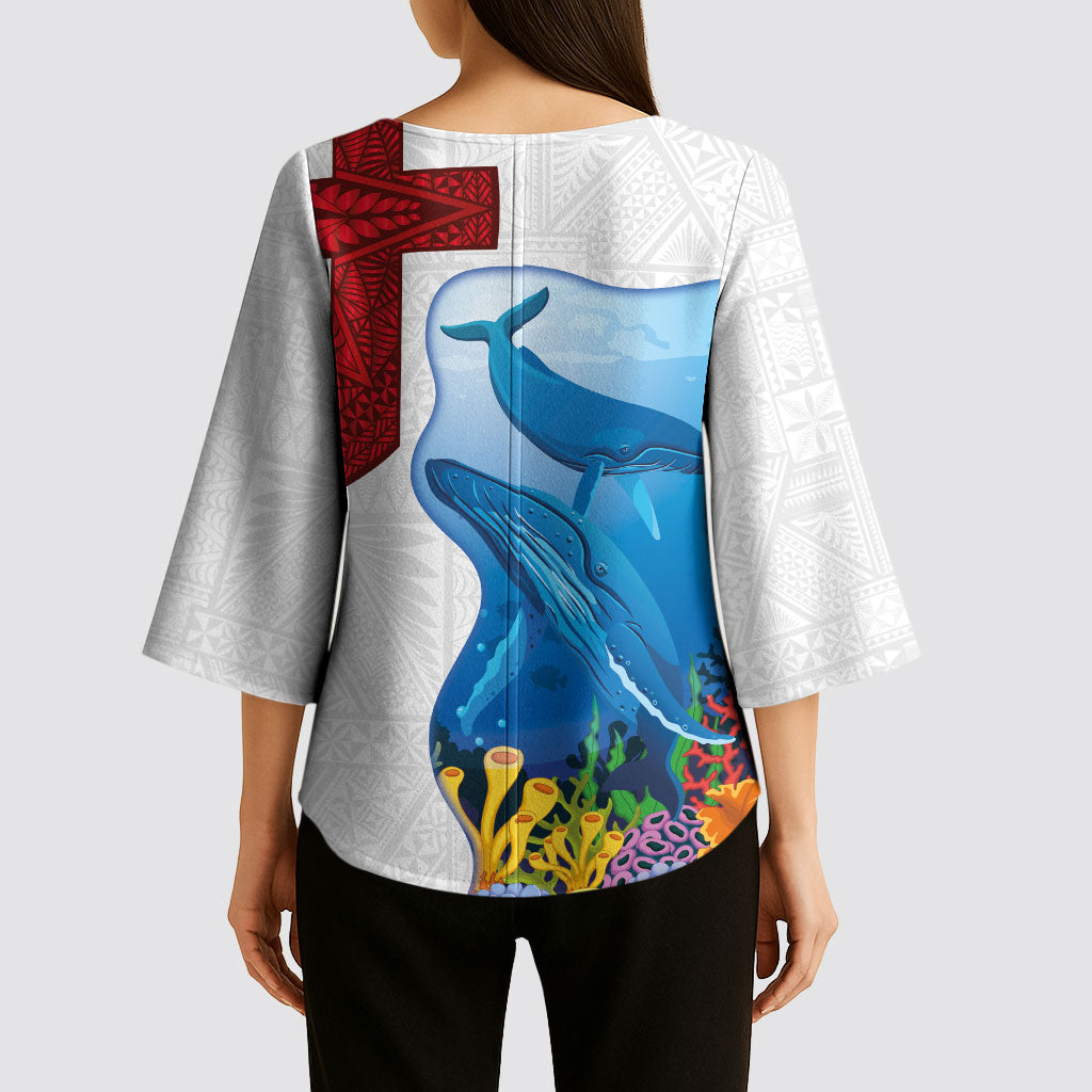 Tonga Swimming with Whales Kimono Sleeve Blouse Ngatu Pattern LT03 - Polynesian Pride