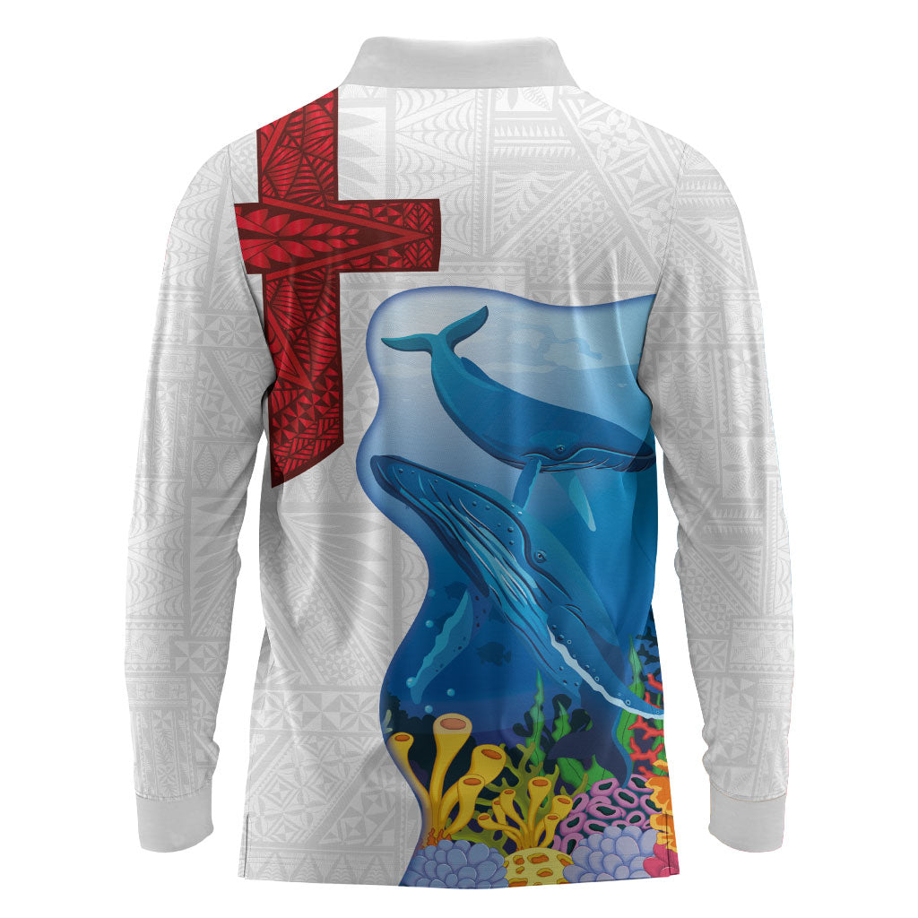 Tonga Swimming with Whales Long Sleeve Polo Shirt Ngatu Pattern LT03 - Polynesian Pride