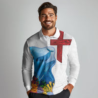 Tonga Swimming with Whales Long Sleeve Polo Shirt Ngatu Pattern LT03 - Polynesian Pride