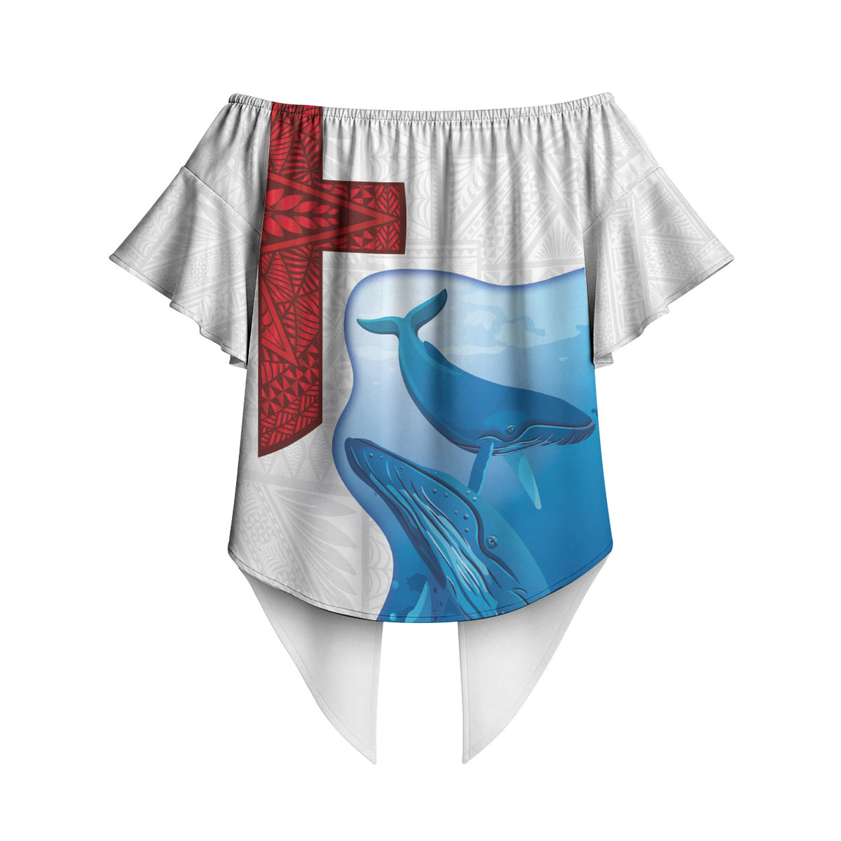 Tonga Swimming with Whales Off Shoulder Wrap Waist Top Ngatu Pattern LT03 - Polynesian Pride