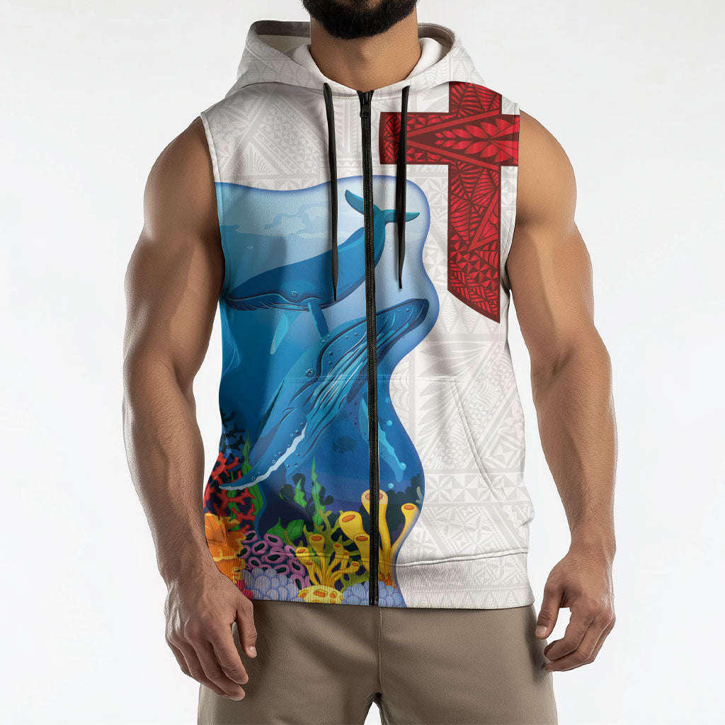 Tonga Swimming with Whales Sleeveless Zip Hoodie Ngatu Pattern LT03 - Polynesian Pride
