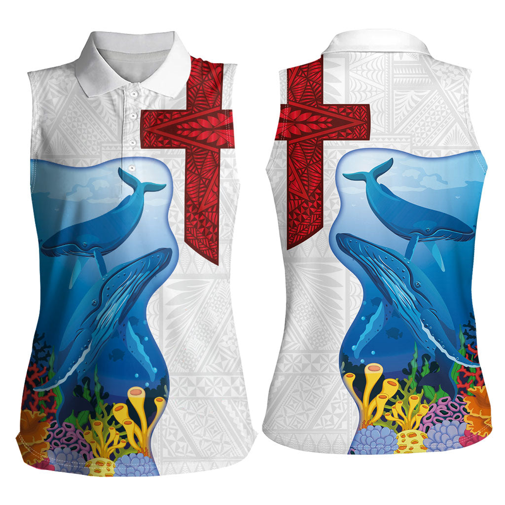 Tonga Swimming with Whales Women Sleeveless Polo Shirt Ngatu Pattern LT03 - Polynesian Pride