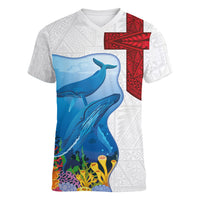 Tonga Swimming with Whales Women V-Neck T-Shirt Ngatu Pattern LT03 Female Multicolor - Polynesian Pride
