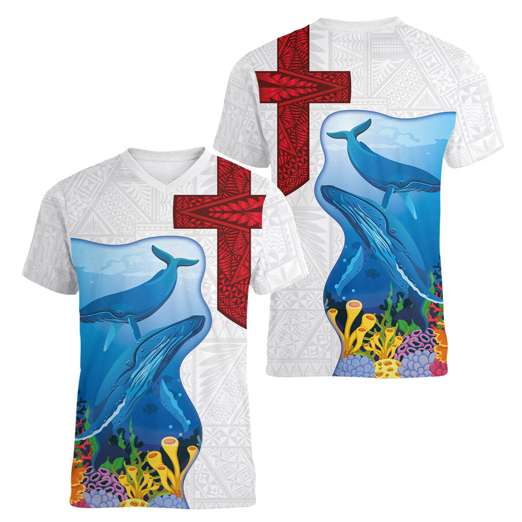 Tonga Swimming with Whales Women V-Neck T-Shirt Ngatu Pattern LT03 - Polynesian Pride
