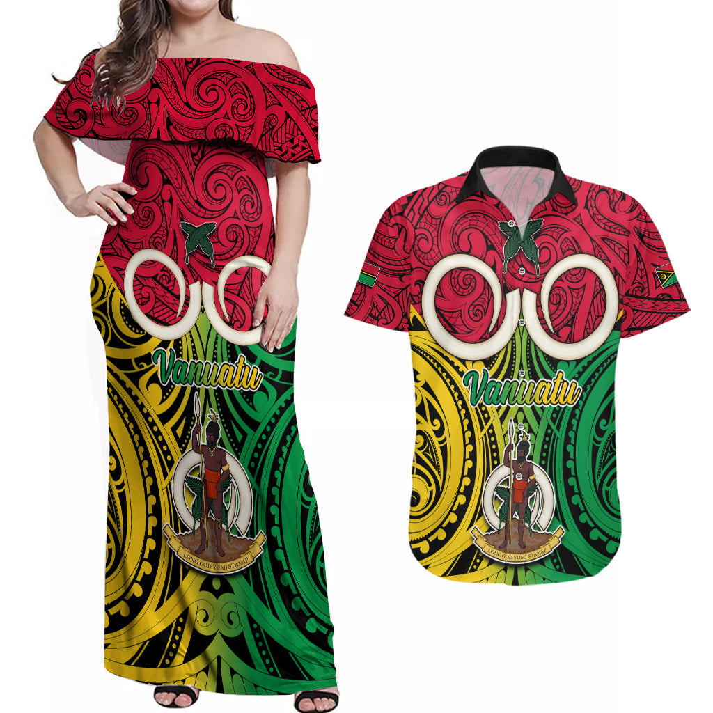 Vanuatu Couples Matching Off Shoulder Maxi Dress and Hawaiian Shirt Pig Tusk Mix Maori Pattern and Namele Leaf LT03 Red - Polynesian Pride