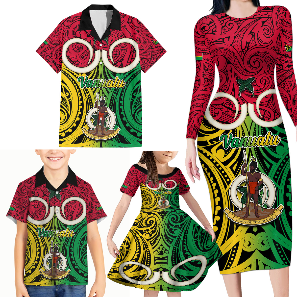 Vanuatu Family Matching Long Sleeve Bodycon Dress and Hawaiian Shirt Pig Tusk Mix Maori Pattern and Namele Leaf LT03 - Polynesian Pride