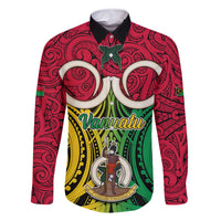 Vanuatu Family Matching Puletasi Dress and Hawaiian Shirt Pig Tusk Mix Maori Pattern and Namele Leaf LT03 Dad's Shirt - Long Sleeve Red - Polynesian Pride