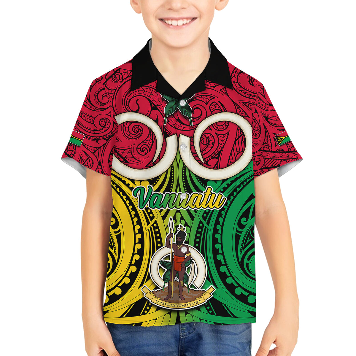 Vanuatu Family Matching Puletasi Dress and Hawaiian Shirt Pig Tusk Mix Maori Pattern and Namele Leaf LT03 Son's Shirt Red - Polynesian Pride