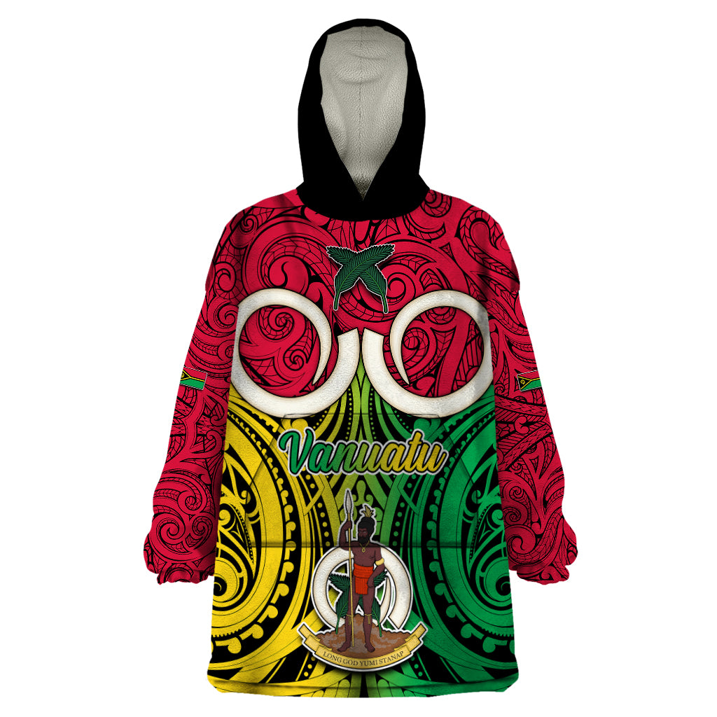 Vanuatu Wearable Blanket Hoodie Pig Tusk Mix Maori Pattern and Namele Leaf LT03 One Size Red - Polynesian Pride