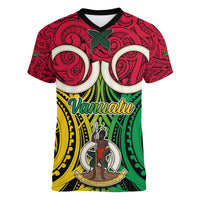 Vanuatu Women V Neck T Shirt Pig Tusk Mix Maori Pattern and Namele Leaf LT03 Female Red - Polynesian Pride
