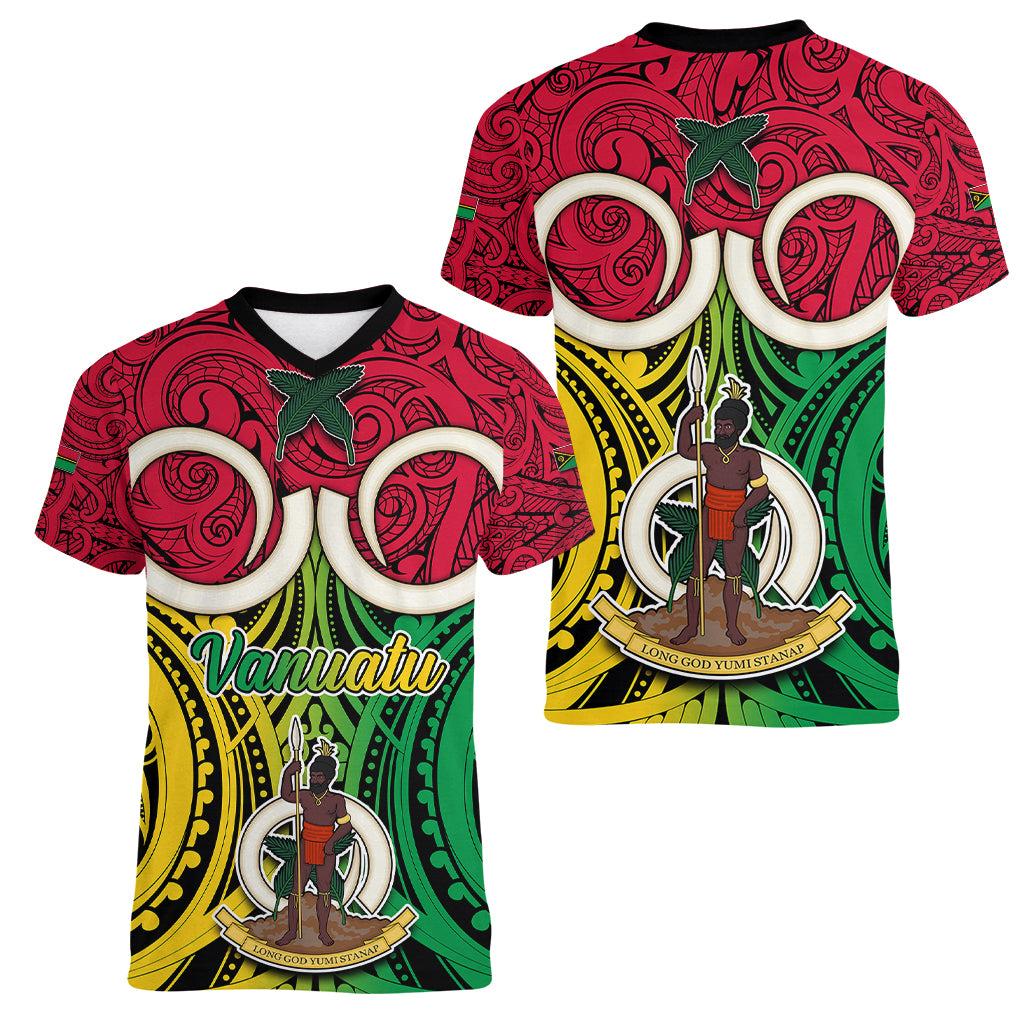 Vanuatu Women V Neck T Shirt Pig Tusk Mix Maori Pattern and Namele Leaf LT03 - Polynesian Pride
