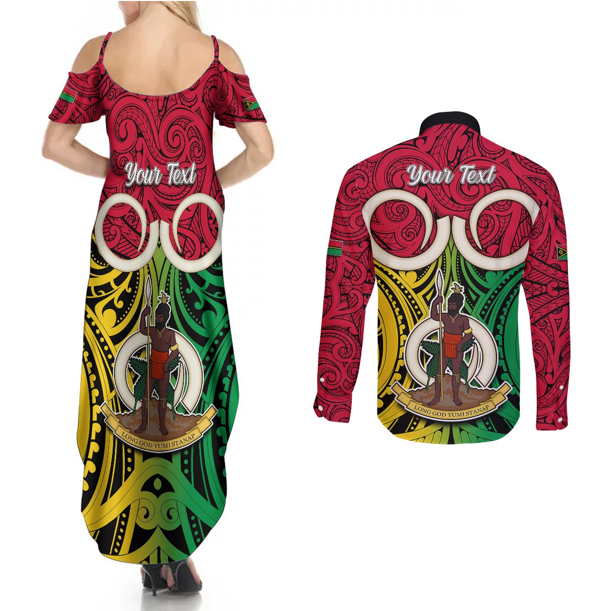 Personalised Vanuatu Couples Matching Summer Maxi Dress and Long Sleeve Button Shirts Pig Tusk Mix Maori Pattern and Namele Leaf LT03 - Polynesian Pride