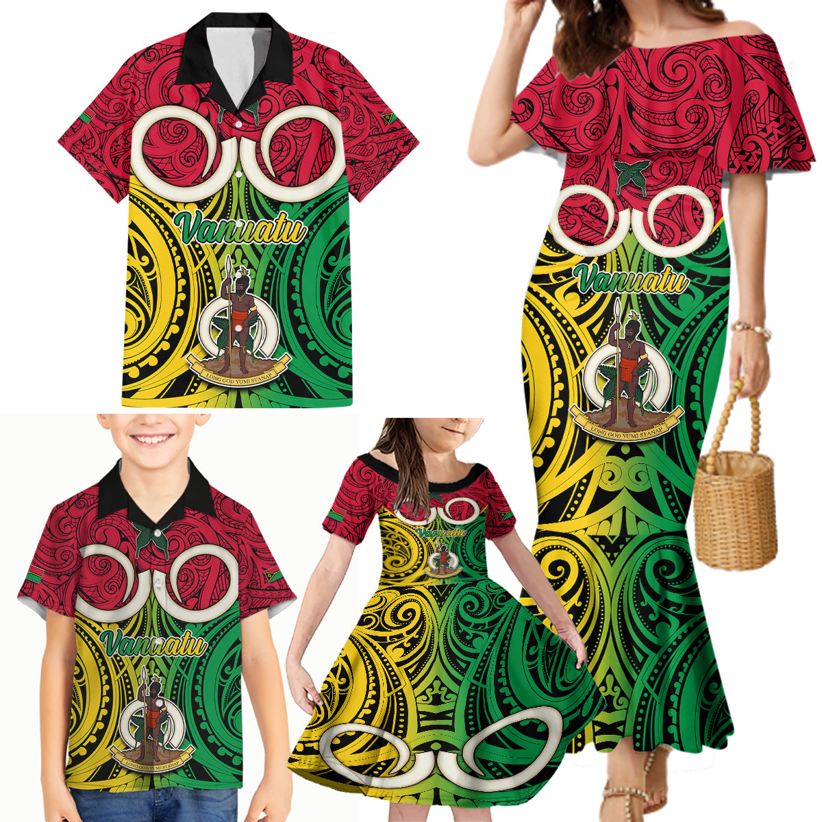 Personalised Vanuatu Family Matching Mermaid Dress and Hawaiian Shirt Pig Tusk Mix Maori Pattern and Namele Leaf LT03 - Polynesian Pride