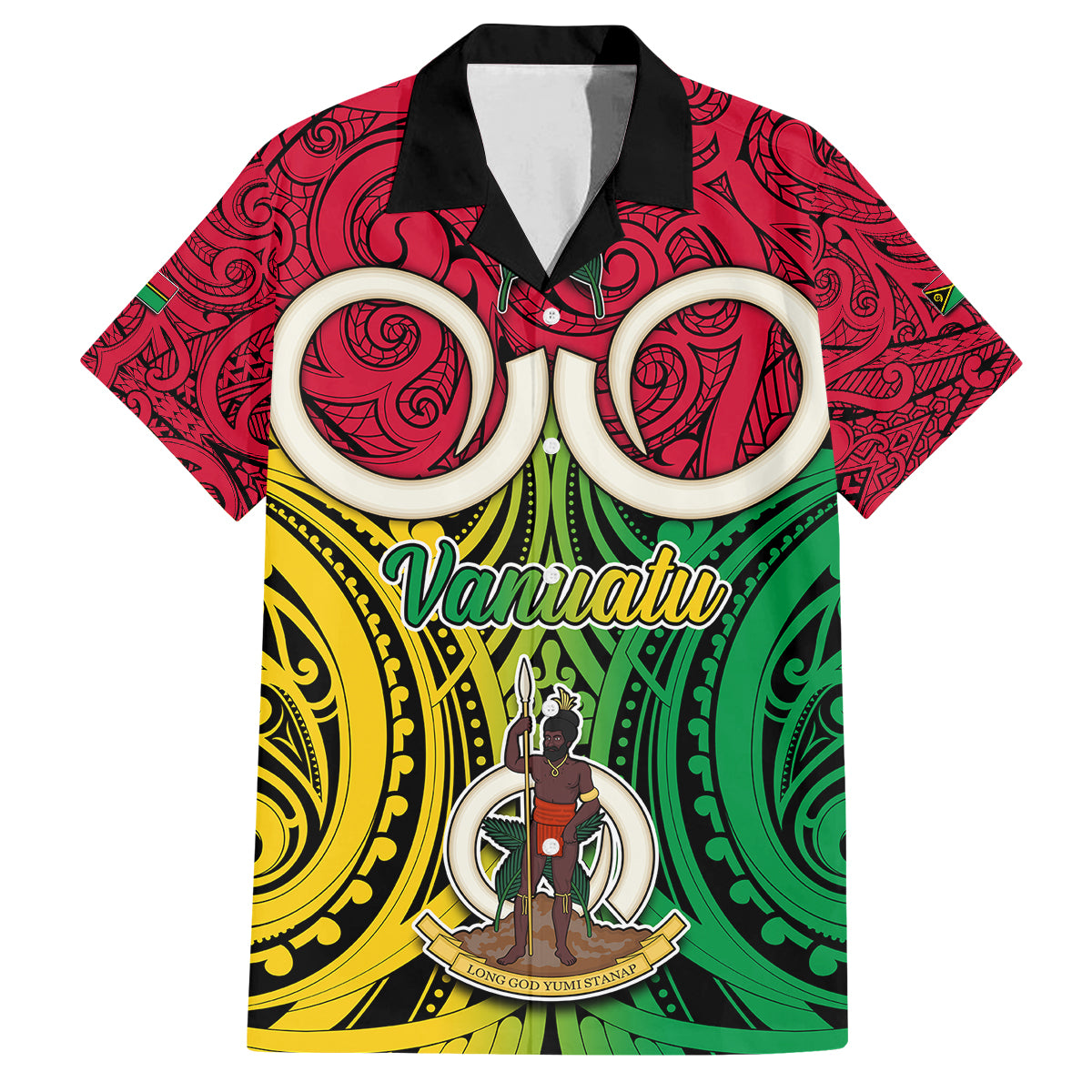 Personalised Vanuatu Family Matching Puletasi Dress and Hawaiian Shirt Pig Tusk Mix Maori Pattern and Namele Leaf LT03 Dad's Shirt - Short Sleeve Red - Polynesian Pride
