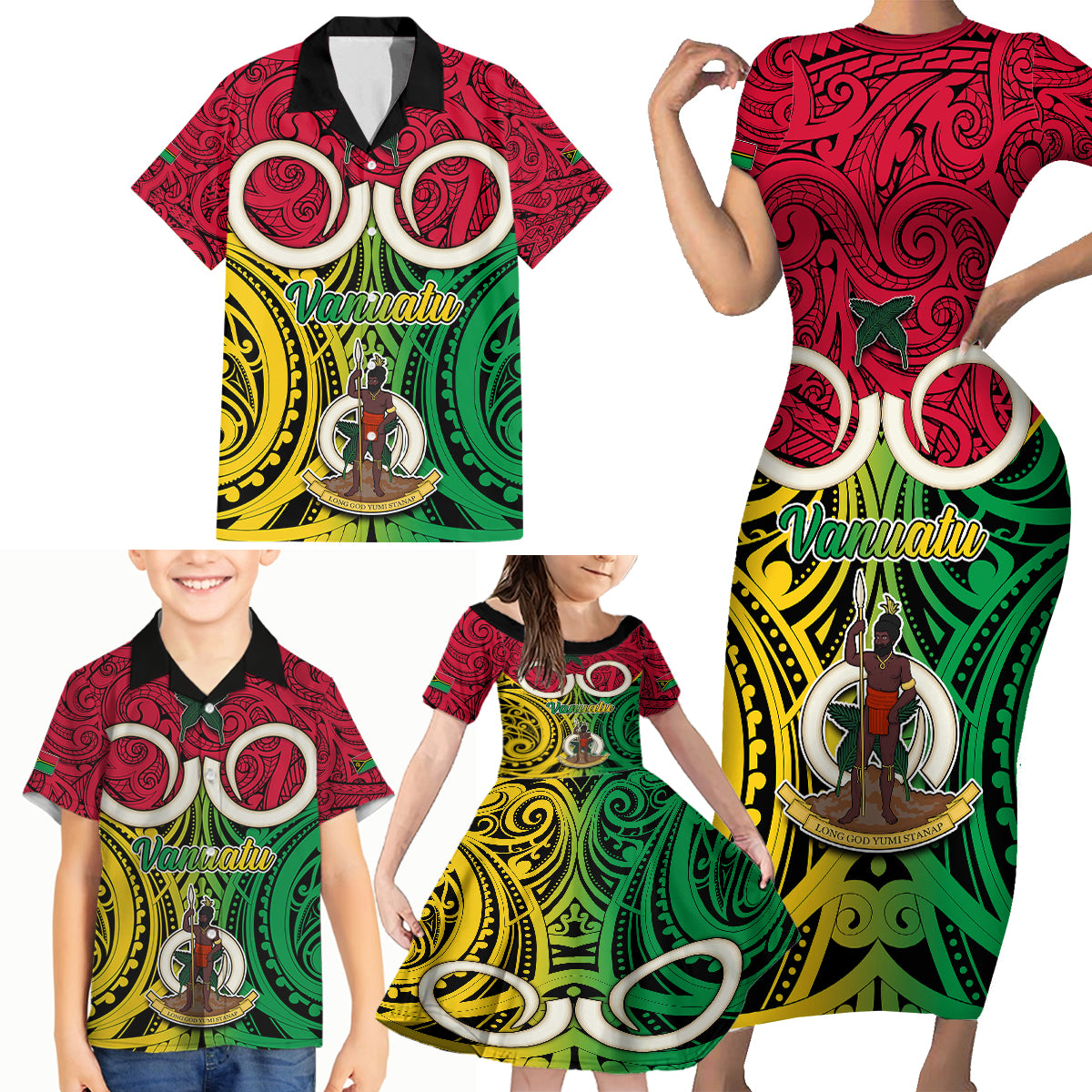 Personalised Vanuatu Family Matching Short Sleeve Bodycon Dress and Hawaiian Shirt Pig Tusk Mix Maori Pattern and Namele Leaf LT03 - Polynesian Pride