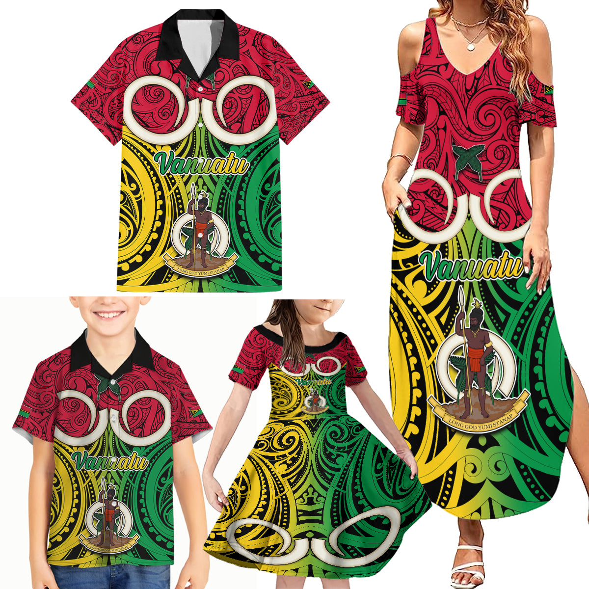 Personalised Vanuatu Family Matching Summer Maxi Dress and Hawaiian Shirt Pig Tusk Mix Maori Pattern and Namele Leaf LT03 - Polynesian Pride