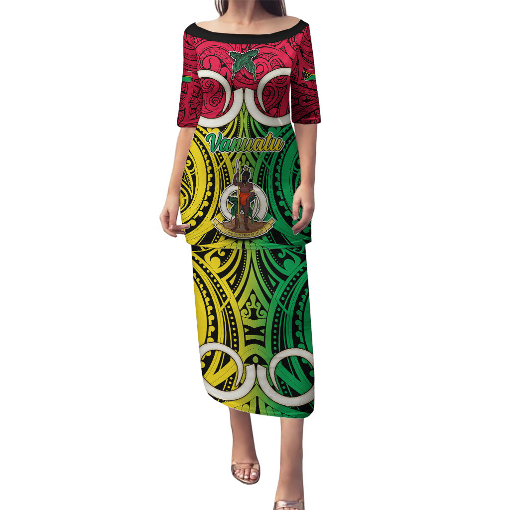 Personalised Vanuatu Puletasi Pig Tusk Mix Maori Pattern and Namele Leaf LT03 Long Dress Red - Polynesian Pride