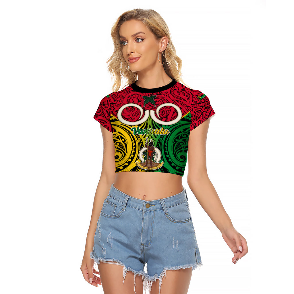 Personalised Vanuatu Raglan Cropped T Shirt Pig Tusk Mix Maori Pattern and Namele Leaf LT03 Female Red - Polynesian Pride