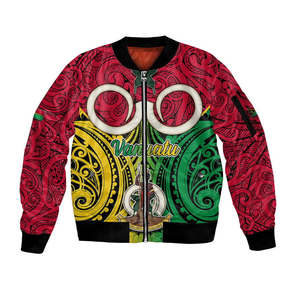 Personalised Vanuatu Sleeve Zip Bomber Jacket Pig Tusk Mix Maori Pattern and Namele Leaf LT03 Unisex Red - Polynesian Pride