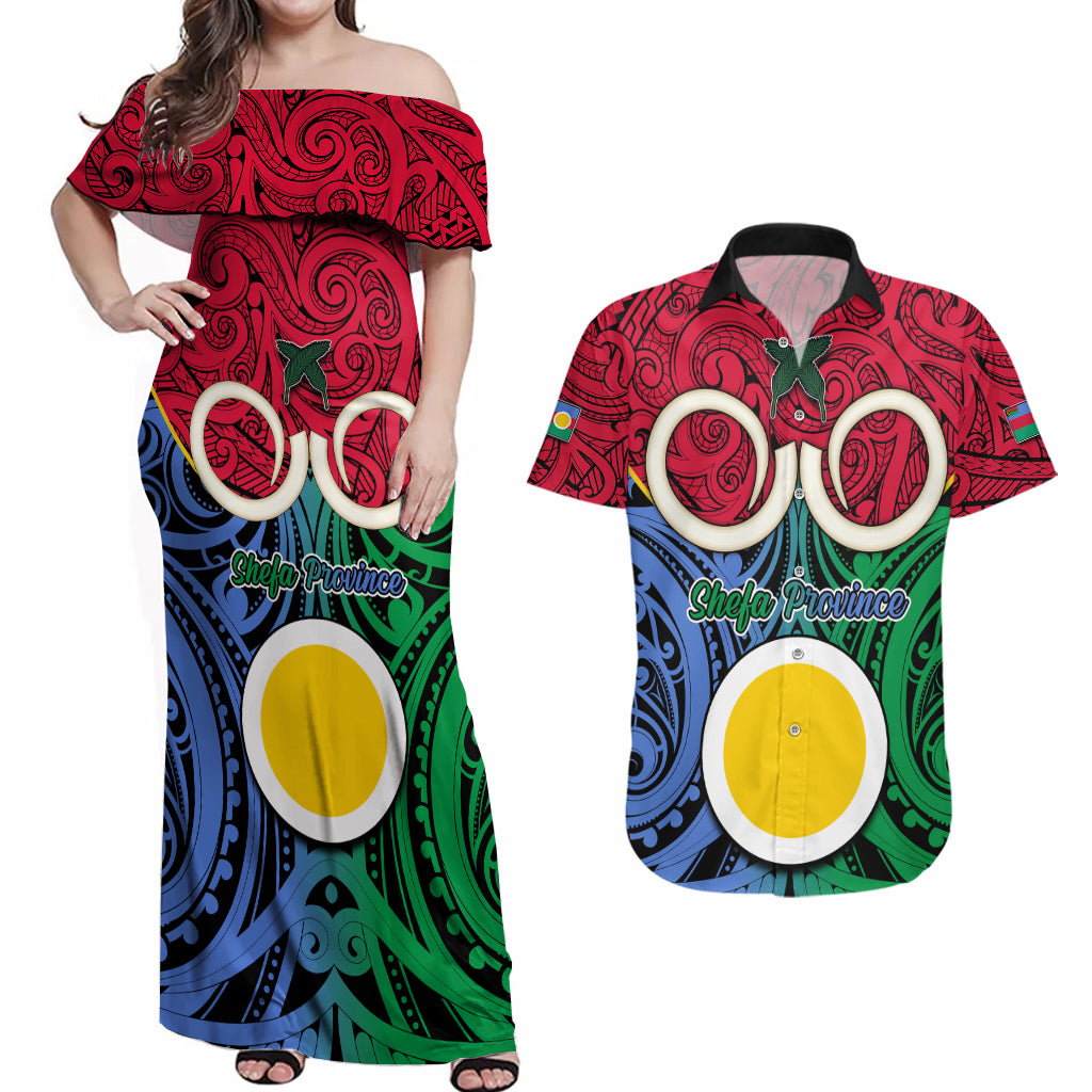 Vanuatu Shefa Province Couples Matching Off Shoulder Maxi Dress and Hawaiian Shirt Pig Tusk Mix Maori Pattern and Namele Leaf LT03 Red - Polynesian Pride