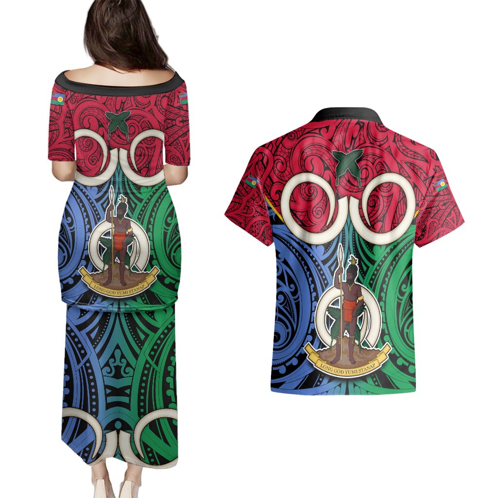 Vanuatu Shefa Province Couples Matching Puletasi Dress and Hawaiian Shirt Pig Tusk Mix Maori Pattern and Namele Leaf LT03 - Polynesian Pride