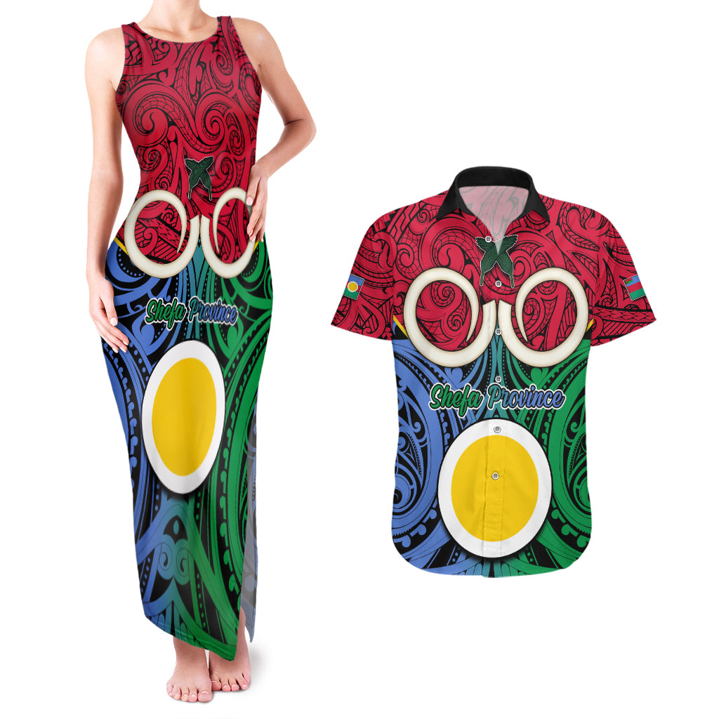 Vanuatu Shefa Province Couples Matching Tank Maxi Dress and Hawaiian Shirt Pig Tusk Mix Maori Pattern and Namele Leaf LT03 Red - Polynesian Pride