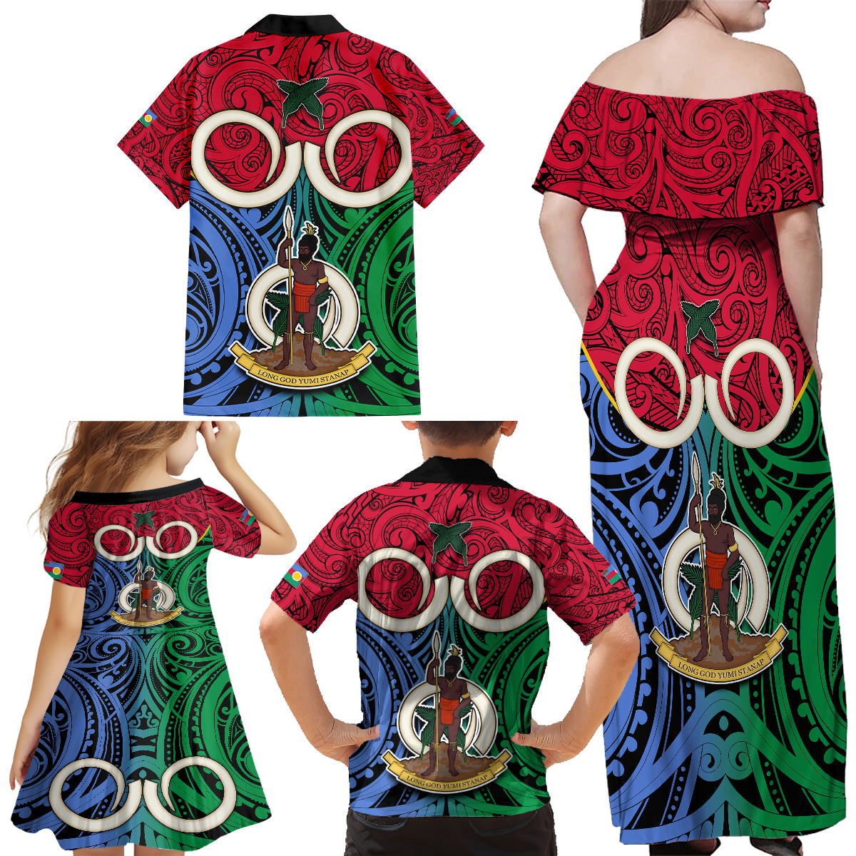 Vanuatu Shefa Province Family Matching Off Shoulder Long Sleeve Dress and Hawaiian Shirt Pig Tusk Mix Maori Pattern and Namele Leaf LT03 - Polynesian Pride