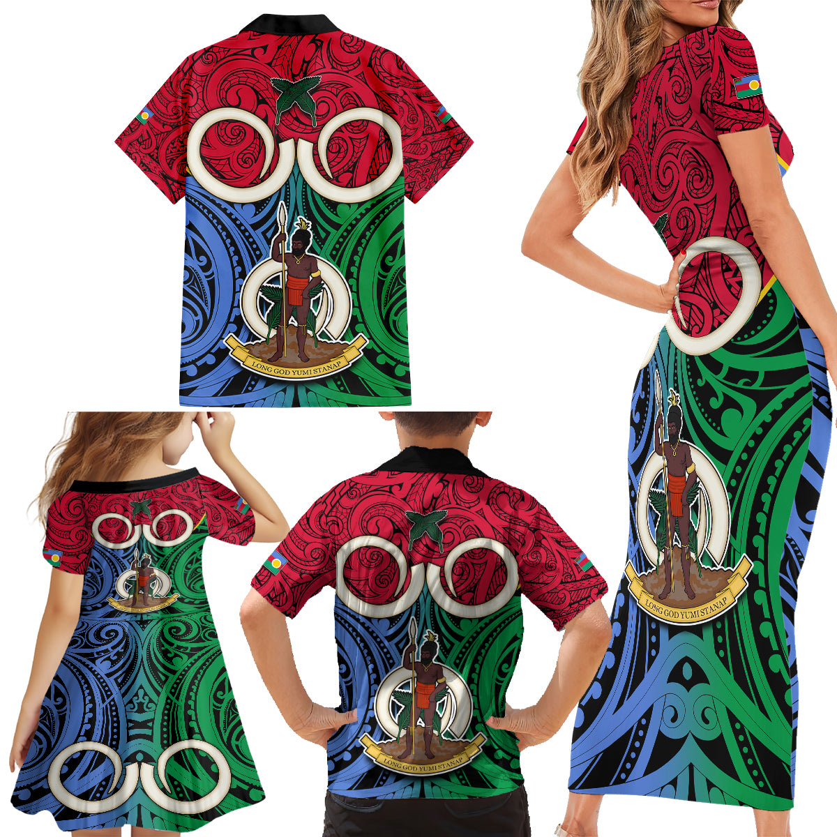 Vanuatu Shefa Province Family Matching Short Sleeve Bodycon Dress and Hawaiian Shirt Pig Tusk Mix Maori Pattern and Namele Leaf LT03 - Polynesian Pride