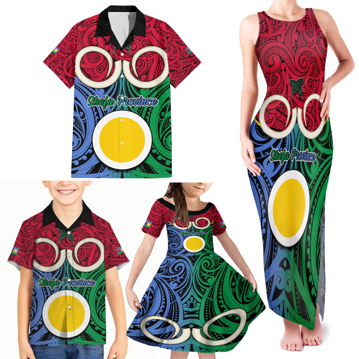 Vanuatu Shefa Province Family Matching Tank Maxi Dress and Hawaiian Shirt Pig Tusk Mix Maori Pattern and Namele Leaf LT03 - Polynesian Pride