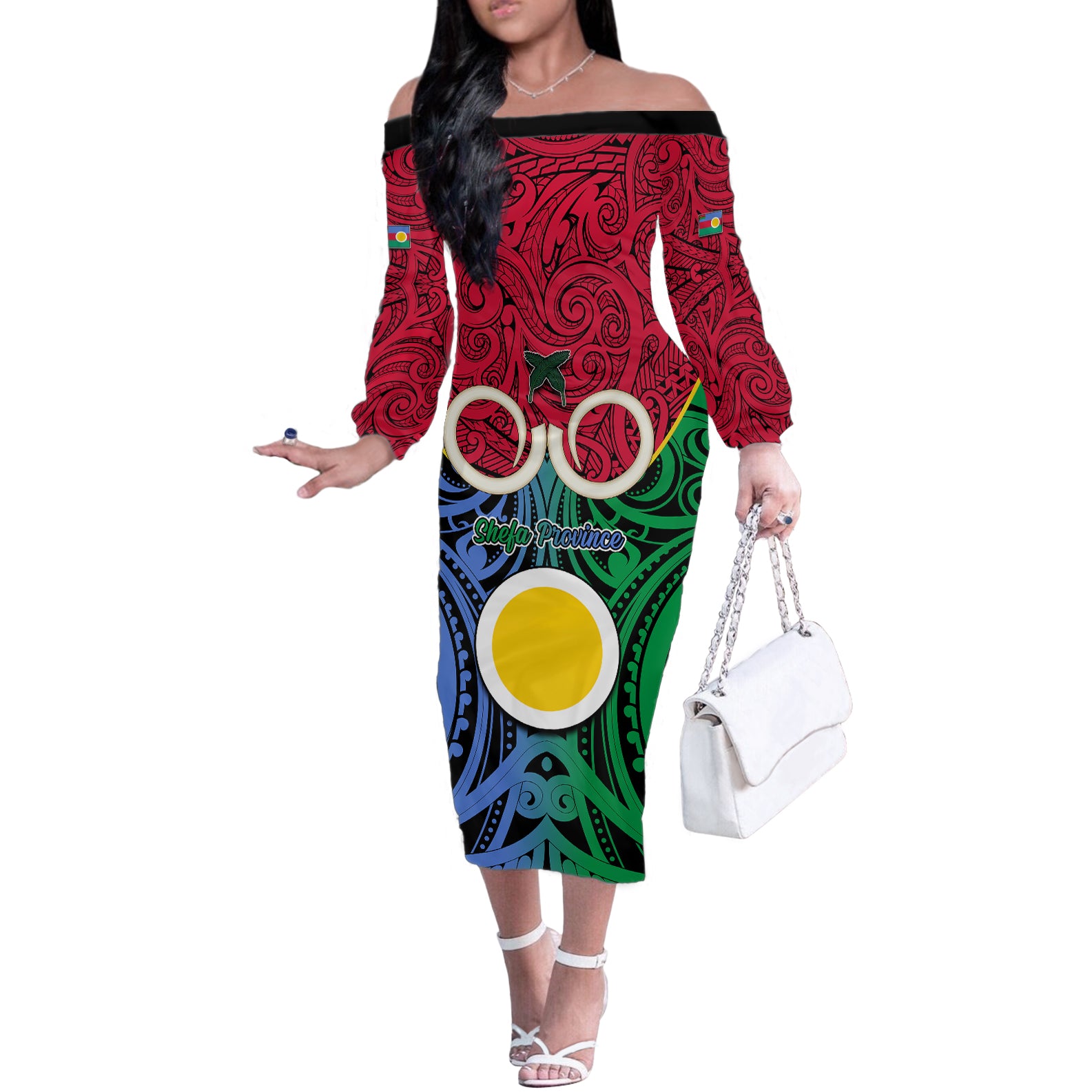 Vanuatu Shefa Province Off The Shoulder Long Sleeve Dress Pig Tusk Mix Maori Pattern and Namele Leaf LT03 Women Red - Polynesian Pride