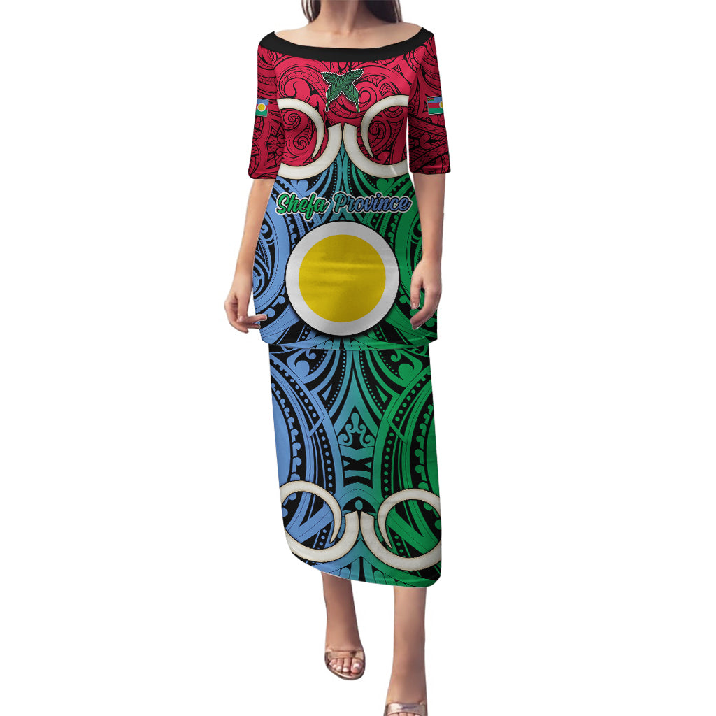 Vanuatu Shefa Province Puletasi Pig Tusk Mix Maori Pattern and Namele Leaf LT03 Long Dress Red - Polynesian Pride