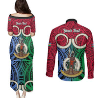Personalised Vanuatu Shefa Province Couples Matching Puletasi Dress and Long Sleeve Button Shirts Pig Tusk Mix Maori Pattern and Namele Leaf LT03 - Polynesian Pride