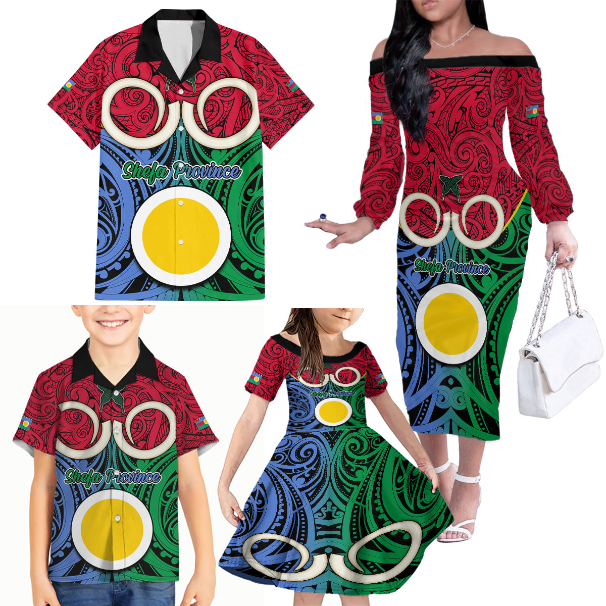 Personalised Vanuatu Shefa Province Family Matching Off Shoulder Long Sleeve Dress and Hawaiian Shirt Pig Tusk Mix Maori Pattern and Namele Leaf LT03 - Polynesian Pride