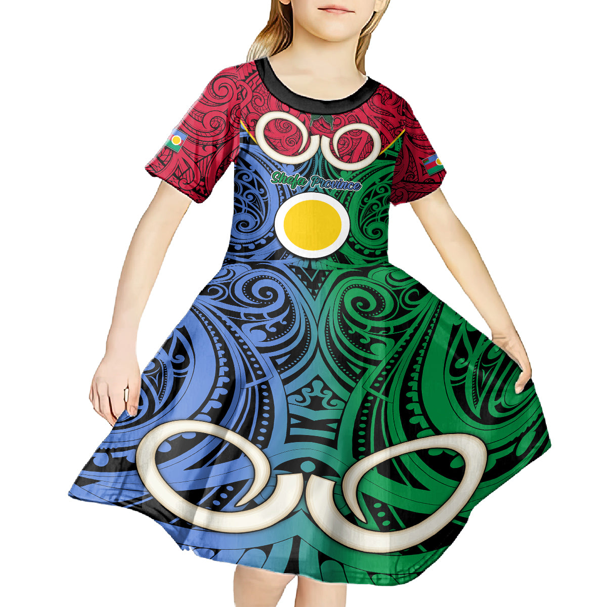 Personalised Vanuatu Shefa Province Kid Short Sleeve Dress Pig Tusk Mix Maori Pattern and Namele Leaf LT03 - Polynesian Pride