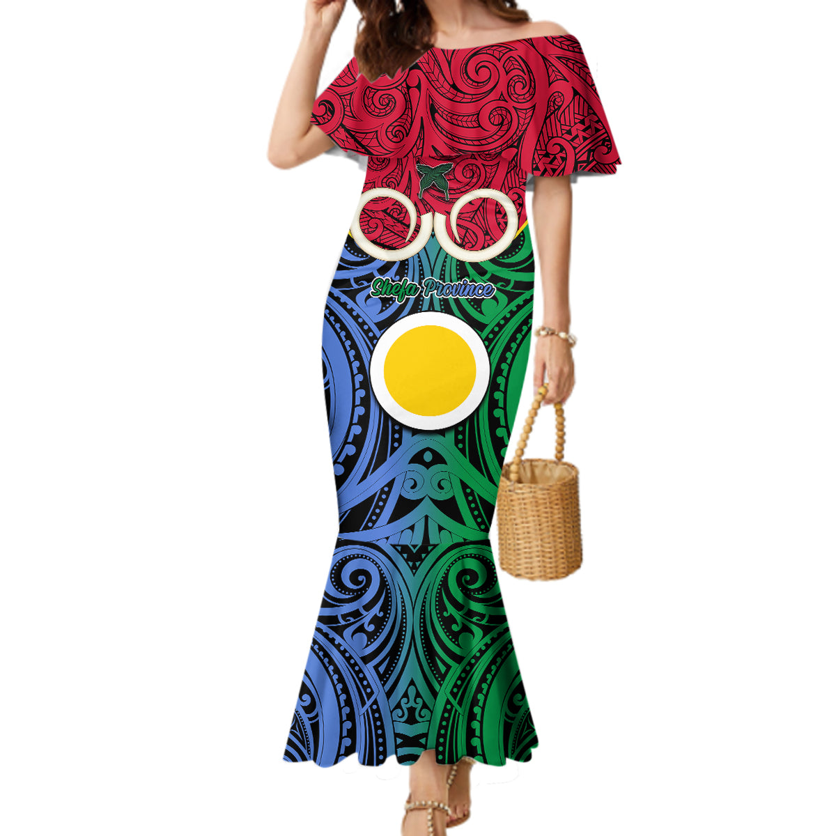 Personalised Vanuatu Shefa Province Mermaid Dress Pig Tusk Mix Maori Pattern and Namele Leaf LT03 Women Red - Polynesian Pride