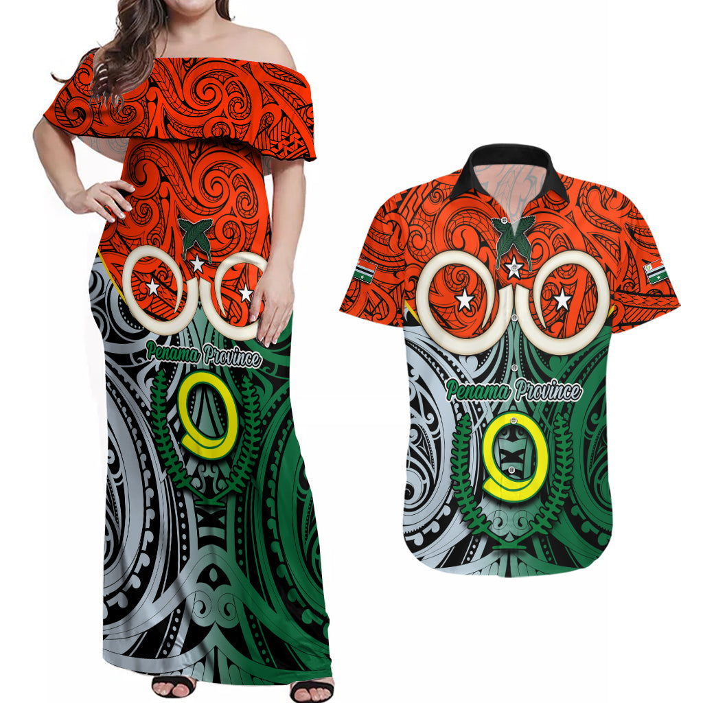 Vanuatu Penama Province Couples Matching Off Shoulder Maxi Dress and Hawaiian Shirt Pig Tusk Mix Maori Pattern and Namele Leaf LT03 Orange - Polynesian Pride