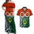 Vanuatu Penama Province Couples Matching Off Shoulder Maxi Dress and Hawaiian Shirt Pig Tusk Mix Maori Pattern and Namele Leaf LT03 Orange - Polynesian Pride