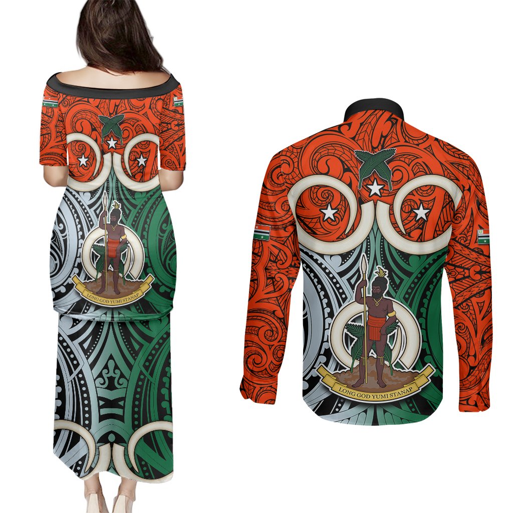 Vanuatu Penama Province Couples Matching Puletasi Dress and Long Sleeve Button Shirts Pig Tusk Mix Maori Pattern and Namele Leaf LT03 - Polynesian Pride