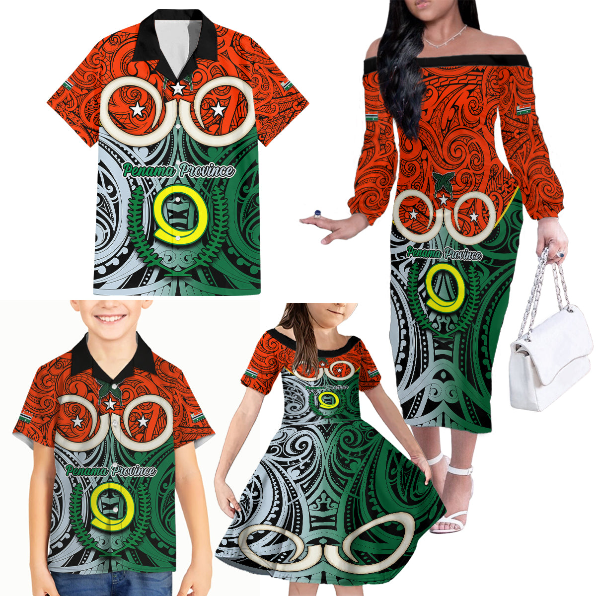 Vanuatu Penama Province Family Matching Off Shoulder Long Sleeve Dress and Hawaiian Shirt Pig Tusk Mix Maori Pattern and Namele Leaf LT03 - Polynesian Pride